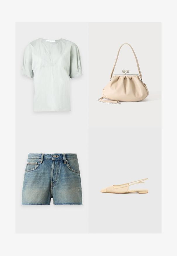 Haut gris clair à manches courtes avec un col rond et une texture subtile. Présente une coupe ample et des manches légèrement bouffantes pour faciliter les mouvements.; Shorts en denim de couleur bleu clair, avec une taille haute, un ourlet effiloché et un style traditionnel à cinq poches avec quincaillerie en métal.; Chaussure plate slingback en beige clair avec une tige en maille, un bout pointu et un petit talon. Dotée d'une sangle ajustable pour un bon maintien.; Sac à main en cuir souple beige avec un fermoir en métal argenté, une bandoulière simple et une bandoulière chaîne optionnelle sur fond blanc.