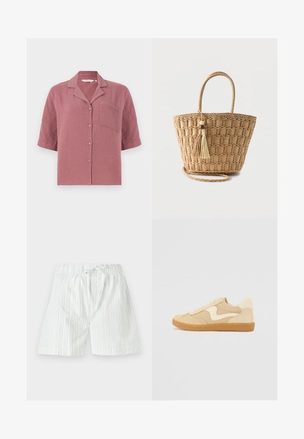 Chemise à manches courtes couleur rose poussiéreux avec col et une poche poitrine unique, fabriquée en tissu texturé.; Shorts pour homme en tissu léger, avec des rayures verticales bleu clair et blanches, dotés d'une taille élastique et d'un cordon de serrage.; Sneaker beige avec des matériaux en daim et en maille, forme arrondie, col rembourré proéminent et semelle en caoutchouc gomme. Présente un accent de design en forme de vague.; Sac cabas en paille tressée avec poignées arrondies, motif carré, et deux pompons suspendus avec des perles en bois sur un fond uni.