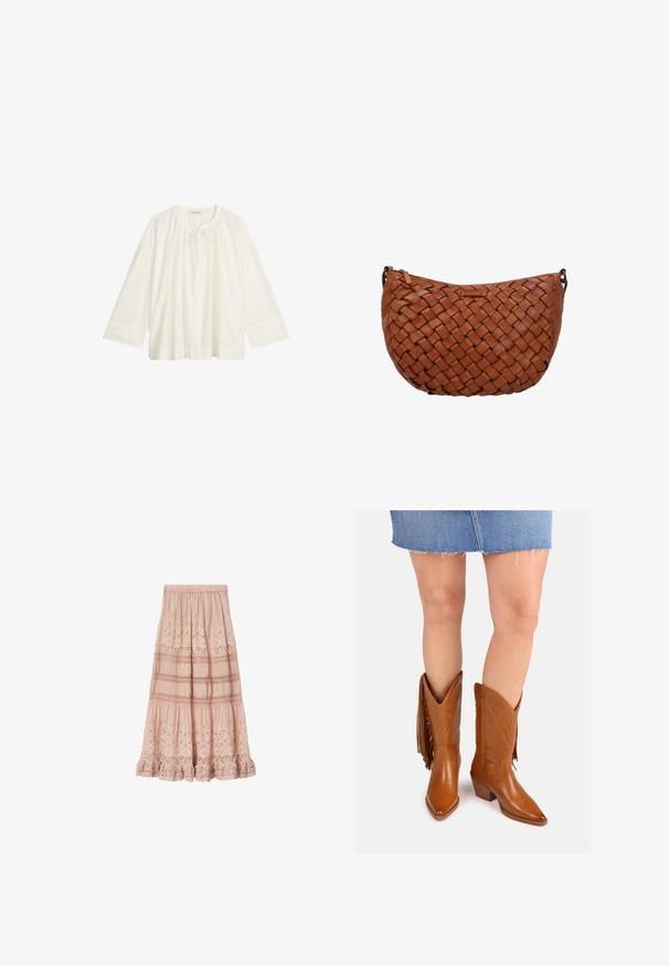 Loszittende witte blouse met lange mouwen, ronde halslijn en strikdetail aan de voorkant, gemaakt van lichte stof.; Lichtroze midirok met elastische tailleband, bloemige ajour-borduur, horizontale plooien en gerafelde zoom.; Bruine leren cowboylaarzen met puntige neuzen, decoratieve stiksels en zijfranje, voorzien van een gestapelde hak voor extra hoogte.; Bruine leren schoudertas met geweven patroon en ritssluiting bovenop, afgebeeld tegen een witte achtergrond.