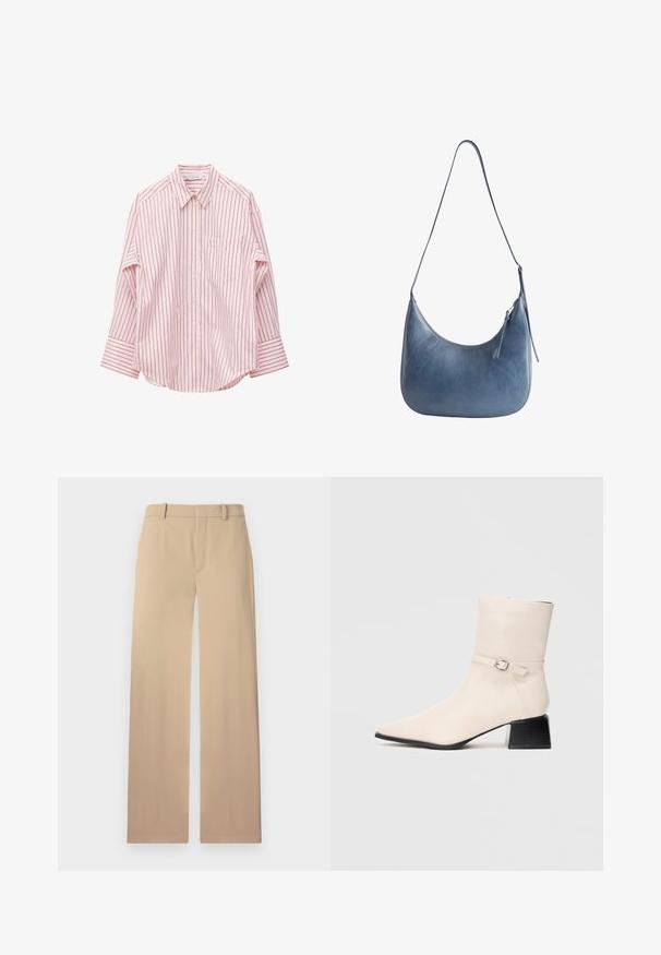 Camisa de manga larga de color rosa claro con botones, rayas verticales marrones, cuello puntiagudo y un bolsillo en el pecho sobre un fondo blanco.; Pantalones beiges de tejido suave, con un diseño de pierna recta, trabillas para cinturón y un sutil pliegue en la parte delantera para mayor estructura.; Botín de color crema con una correa de hebilla plateada y tacón cuadrado negro, presentado de perfil sobre un fondo liso.; Bolso de cuero azul para el hombro con una correa larga y cierre de cremallera con una borla de cuero como tirador.