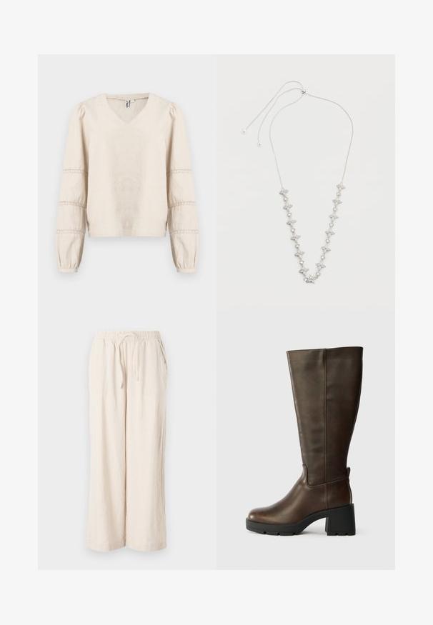 Blouse beige clair avec un col en V, de longues manches bouffantes, et des détails en dentelle autour des poignets. Fabriquée en tissu doux et texturé.; Pantalons large en lin beige avec une taille élastique et des poches avant. Texture lisse, tissu léger, design longueur cheville.; Bottine en cuir marron jusqu'au genou avec un talon épais noir et une finition texturée. Présente un bout rond et des détails de couture latérale subtils.; Collier en argent orné d'accents en forme d'étoile décorés de pierres précieuses transparentes, monté sur un cordon fin ajustable avec des extrémités en perle.