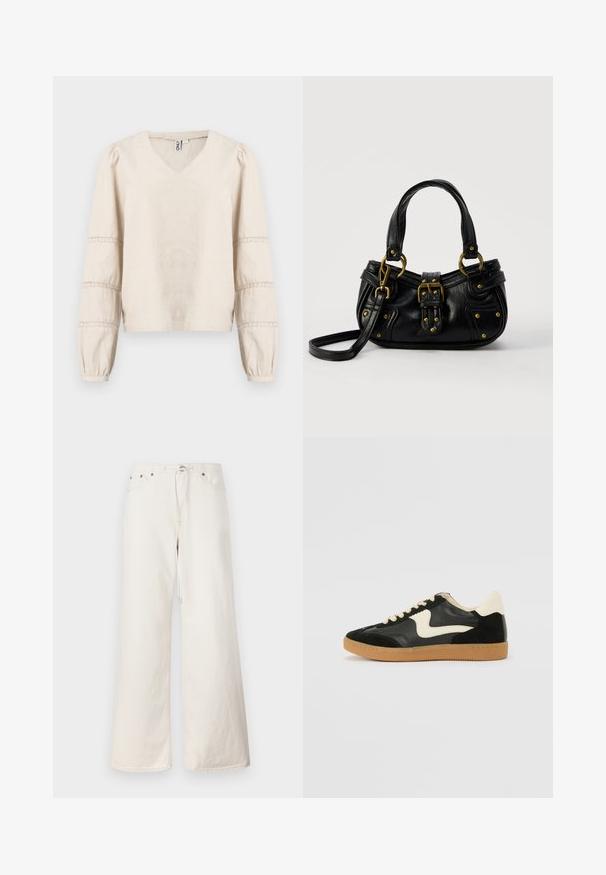 Blouse beige clair avec un col en V, de longues manches bouffantes, et des détails en dentelle autour des poignets. Fabriquée en tissu doux et texturé.; Pantalon en denim blanc à jambes larges avec taille à cordon, poches avant et détails de couture subtils. Fabriqué en coton robuste.; Baskets en daim et cuir noir avec un swoosh latéral crème et un talon crème clair. Dotées de lacets beige et d'une semelle en caoutchouc gomme.; Sac à main en cuir noir avec boucle dorée et détails à rivets, poignées courtes et bandoulière réglable sur fond blanc uni.