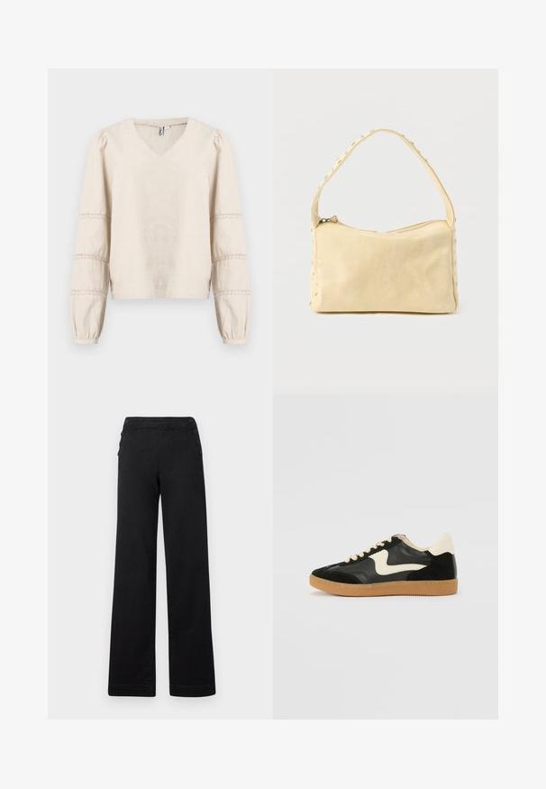 Blusa beige claro con escote en V, mangas largas abullonadas y detalles de encaje alrededor de los puños. Hecha de tela suave y texturizada.; Pantalones de pierna ancha negros con cintura alta, detalles de botones en los laterales y una textura de denim suave con un acabado limpio.; Zapatillas de deporte de ante y cuero negro con un swoosh lateral en crema y un talón en crema claro. Presenta cordones beige y una suela de goma marrón.; Pequeño bolso de cuero beige con una sola correa y tachuelas plateadas a lo largo de los bordes y la correa, sobre un fondo liso.