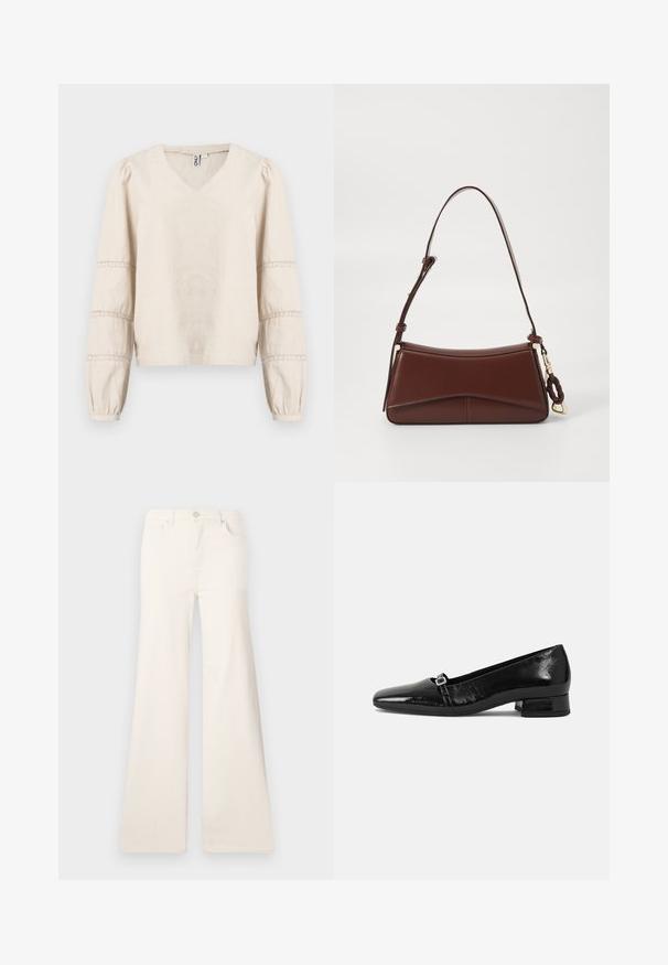Blouse beige clair avec un col en V, de longues manches bouffantes, et des détails en dentelle autour des poignets. Fabriquée en tissu doux et texturé.; ONLY Wide-fit ONLMADISON High waist Wide Leg Fit - Wide Leg - ecru; Ballet flats en cuir verni noir avec un bout pointu, un petit talon carré et un détail de boucle métallique sur la sangle. Texture lisse.; Sac à main en cuir marron avec une silhouette incurvée, une seule sangle et des garnitures en or. Il présente un accent tressé et une texture lisse et mate.