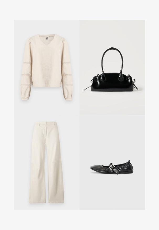 Hellbeige Bluse mit V-Ausschnitt, langen Puffärmeln und Spitzenverzierung an den Manschetten. Hergestellt aus weichem, strukturiertem Stoff.; Weite Hose aus cremefarbenem Baumwollstoff. Merkmale sind eine hohe Taille, ein strukturiertes Design und minimale Nahtdetails. Flatter Vorderseite mit Taschen.; Schwarze Leder-Ballerinas mit spitzem Zehenbereich, gerafften Details am Schaft und einem silbernen Schnallenakzent am verstellbaren Riemen.; Kleine schwarze glänzende Handtasche mit zwei langen Griffen und seitlichen Kordelzug-Details vor einfachem hellem Hintergrund.