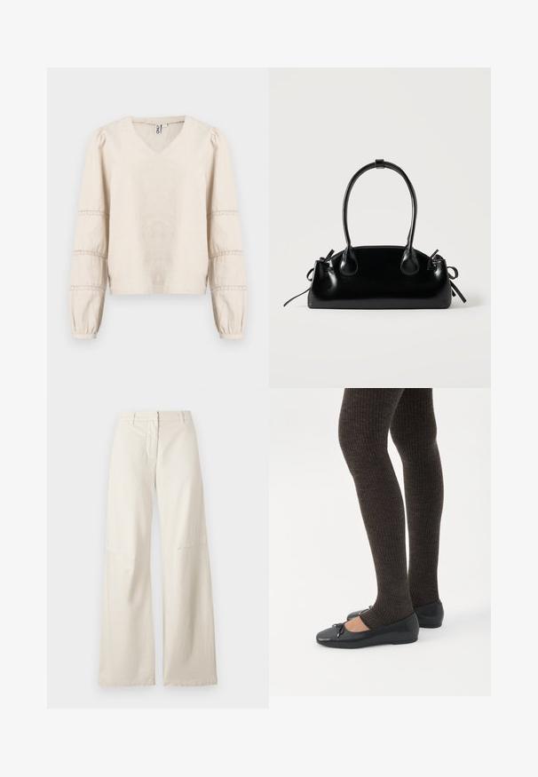 Hellbeige Bluse mit V-Ausschnitt, langen Puffärmeln und Spitzenverzierung an den Manschetten. Hergestellt aus weichem, strukturiertem Stoff.; Weite Hose aus cremefarbenem Baumwollstoff. Merkmale sind eine hohe Taille, ein strukturiertes Design und minimale Nahtdetails. Flatter Vorderseite mit Taschen.; Beine in dunklen, gerippten Leggings kombiniert mit schwarzen Ballerinas mit kleinen Schleifendetails auf weißem Hintergrund.; Kleine schwarze glänzende Handtasche mit zwei langen Griffen und seitlichen Kordelzug-Details vor einfachem hellem Hintergrund.