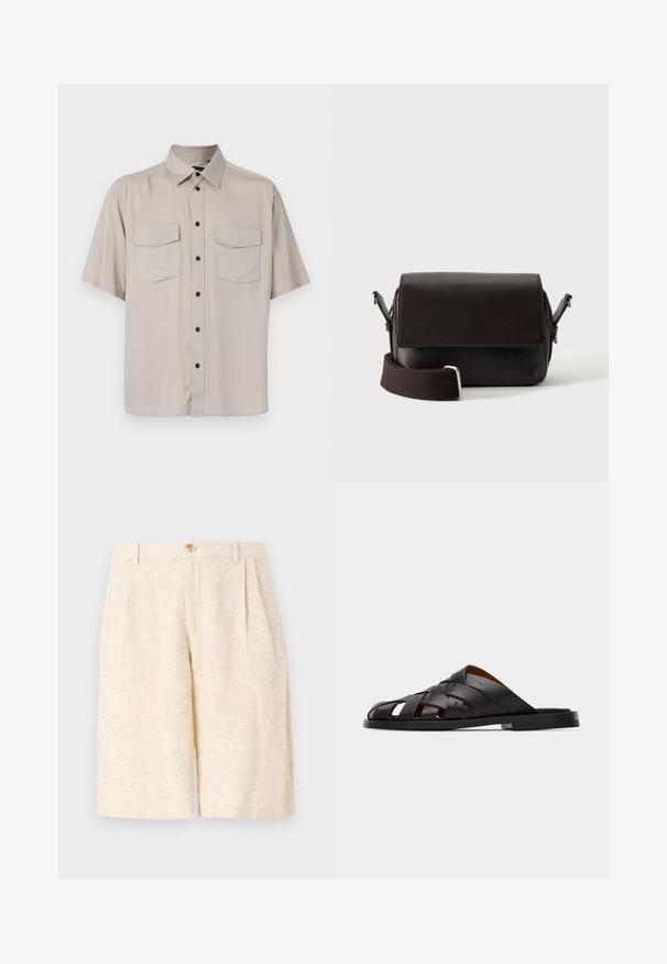 Camisa de botones de manga corta, color beige claro, con cuello, dos bolsillos con solapa y botones negros en el frente. Fabricado con una tela lisa, sin textura.; Pantalones cortos beige ajustados, hechos de tela texturizada, con pliegues delanteros, cierre de botón y un diseño de pierna recta.; Sandalia deslizante de cuero negro tejido con punta abierta, suela plana y tiras superpuestas, vista lateral sobre un fondo liso.; Bolso bandolera de cuero marrón oscuro con cierre de solapa y correa de tela ajustable sobre fondo blanco.