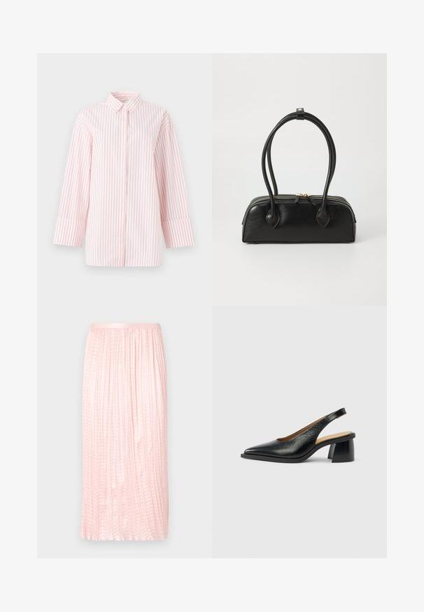 Chemise blanche à boutons avec des rayures verticales rouges, un col classique et des manches mi-longues avec des poignets larges.; Jupe midi plissée en rose doux, avec une texture lisse et une taille élastique. Conçue avec des plis verticaux pour un aspect fluide.; Chaussure slingback en cuir noir avec un bout pointu et un talon épais et géométrique. La texture semble lisse et polie.; Sac à main en cuir noir avec deux anses allongées, fermeture éclair et forme arrondie ; texture lisse avec une finition légèrement brillante.
