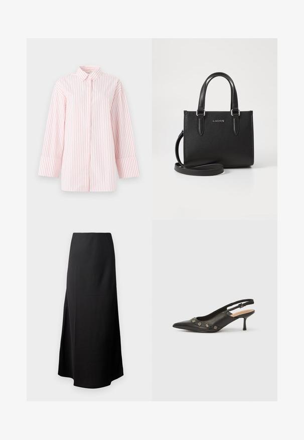 Chemise blanche à boutons avec des rayures verticales rouges, un col classique et des manches mi-longues avec des poignets larges.; Jupe midi noire avec une texture lisse, conçue avec une taille haute et une fente sur le côté, présentant une silhouette simple et sans ornements.; Escarpin à bride arrière en cuir noir avec bout pointu, petit talon et accents métalliques décoratifs le long de l'ouverture avant. Texture lisse.; Sac à main en cuir noir texturé avec des poignées courtes et une bandoulière amovible. Doté d'un logo "LACOSTE" en argent à l'avant.