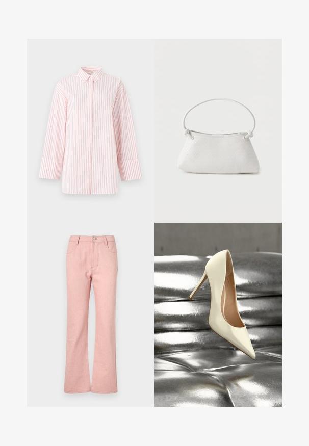 Witte overhemd met verticale rode strepen, een klassieke kraag en driekwart mouwen met brede manchetten.; Roze denim flared broeken met vijf zakken, een knoopsluiting en een textuurstof die subtiele multikleurige spikkels bevat.; Witte leren pumps met een spitst toe en een stilettohak, geplaatst boven een glanzend zilveren oppervlak. Gladde textuur, zonder patronen.; Witte handtas van gevlochten leer met een afgeronde handgreep en uiteinden van de band die geknoopt zijn, afgebeeld tegen een effen achtergrond.
