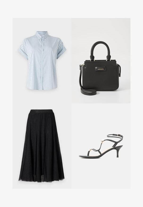 Lyseblå kortærmet skjorte med lodrette striber, med knaplukning foran og klassisk krave, lavet af glat stof.; Sort maxi-skirt med et struktureret, flydende design. Har en bred, glitrende talje og et lagdelt, gennemsigtigt stof for en yndefuld fremtoning.; Sort midhæl sandal med stropper, guld accenter perler og ankelrem med spænde på hvid baggrund.; Sort Lacoste håndtaske med en struktureret design, glat tekstur, top håndtag og en aftagelig skulderrem. Har et guld logo-tilbehør.