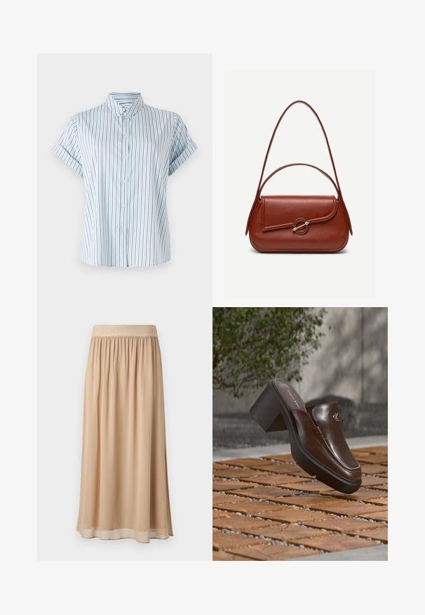 Lyseblå kortærmet skjorte med lodrette striber, med knaplukning foran og klassisk krave, lavet af glat stof.; Beige midi-nederdel med bred elastisk talje med mærkenavn. Blødt, flydende materiale med glat tekstur og enkelt design.; Brun læder Calvin Klein hæl mule svævende over trægulv med en sløret grøn plante og væg baggrund.; Brun skuldertaske i læder med afrundet rektangulær form, asymmetrisk klap, sølvfarvet rund lukning og to tynde stropper.