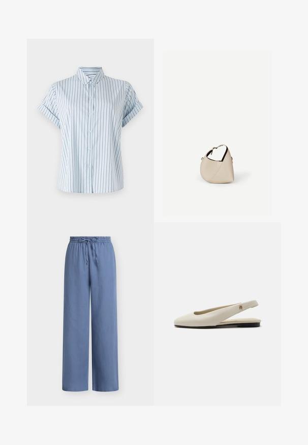 Camisa de manga corta azul claro con rayas verticales, con un frente abotonado y un cuello clásico, hecha de una tela suave.; Pantalones de pierna ancha en azul claro con cintura elástica y cordón ajustable. Fabricados con un material suave y ligero, que presenta una textura lisa.; Zapato plano slingback de cuero color crema con puntera redondeada y pequeño emblema dorado en la correa.; Bolso de cuero beige en forma de media luna con una sola correa para el hombro y costuras mínimas, colocado sobre un fondo blanco liso.