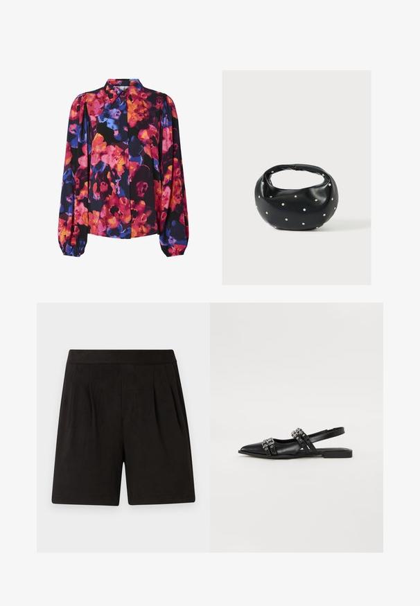 Blumenbluse mit langen Puffärmeln, die eine Mischung aus lebhaften Farben zeigt: Pink, Orange, Blau und schwarzer Hintergrund. Knopfleiste und Kragen.; Schwarze Shorts aus weichem Stoff mit einer glatten Textur, elastischem Bund und gefaltetem Vorderdesign. Einfach und schmucklos.; Even&Odd by Zalando Sling-Ballerina - black; Schwarze Lederhandtasche mit abgerundeter Form, verziert mit silbernen Nietenakzenten und kurzem Griff. Glatte Struktur und Reißverschlussverschluss.