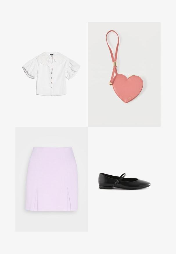 Biela blúzka s veľkým vlnkovaným golierom, zlatými gombíkmi vpredu a objemnými krátkymi nafúknutými rukávmi.; Even&Odd by Zalando Minisukňa - lilac; Čierne kožené baletné topánky s dlhým špicatým nosom, plochou podrážkou a jedným remienkom okolo členka, ktorý má obdĺžnikovú pracku. Hladká textura po celej ploche.; Ružová kožená mincovka v tvare srdca s remienkom na zápästie a zlatým zipsom, označená malým zlatým nápisom „Furla".