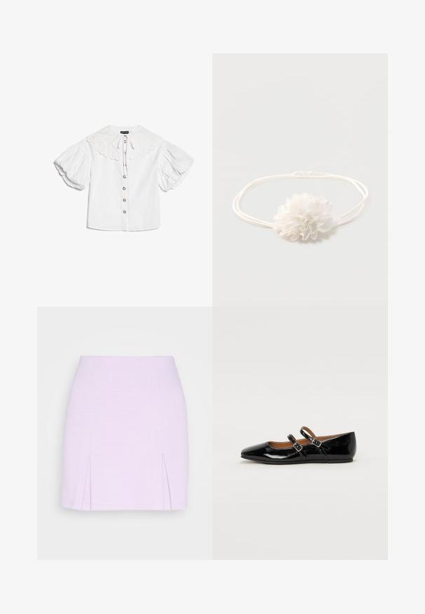 Blouse blanche avec grand col festonné, boutons dorés sur le devant et manches courtes bouffantes volumineuses.; Even&Odd by Zalando Minijupe - lilac; Ballerine plate en cuir verni noir avec un bout pointu, deux brides ajustables avec boucles, et une semelle plate. Texture lisse avec une finition brillante.; Bandeau élastique blanc avec une décoration de fleur en tissu doux centrée sur un fond uni clair.