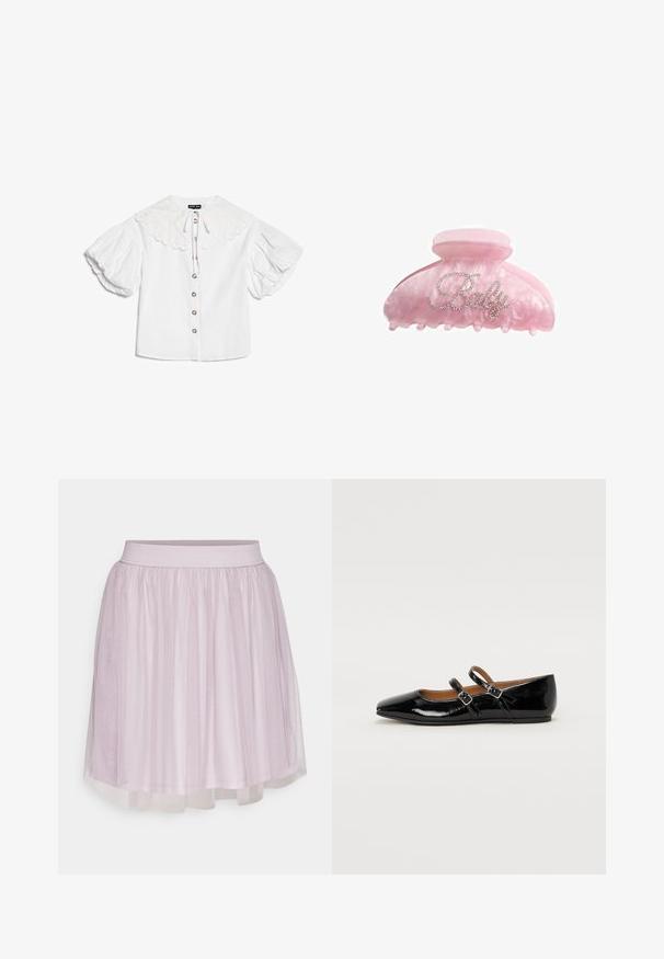 Blouse blanche avec grand col festonné, boutons dorés sur le devant et manches courtes bouffantes volumineuses.; VILA VIDOLL SKIRT - Minijupe - nirvana; Ballerine plate en cuir verni noir avec un bout pointu, deux brides ajustables avec boucles, et une semelle plate. Texture lisse avec une finition brillante.; Pince à cheveux en acrylique rose avec une finition brillante, présentant un design ondulé et le mot « Baby » en strass argentés sur le devant.