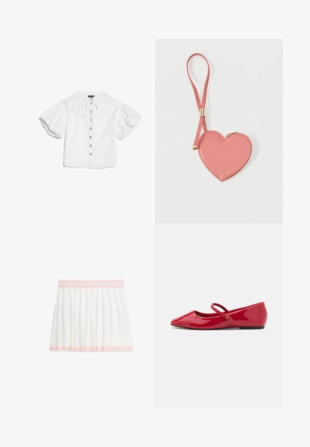 Witte blouse met grote geschulpte kraag, goudkleurige knopen aan de voorkant en volumineuze korte pofmouwen.; Witte geplooide rok met lichtroze tailleband en zoomdetail, kniehoogte, plat liggend op een witte achtergrond.; Rode lakleren ballerina's met een spitse neus, enkelriempje en een kleine ronde accent aan het riempje. Platte zool en gladde textuur.; Roze leren muntportemonnee in hartvorm met polsbandje en gouden rits, gebrandmerkt met kleine gouden tekst "Furla".
