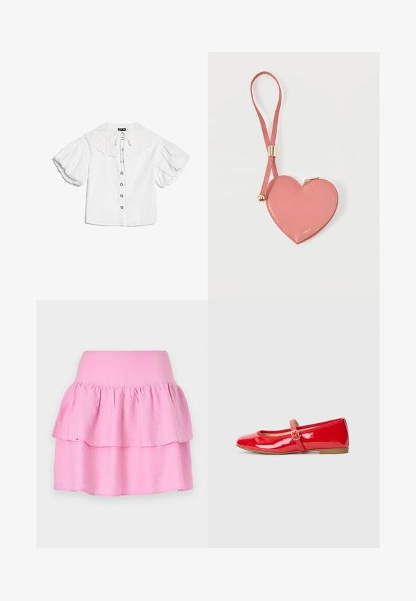 Blouse blanche avec grand col festonné, boutons dorés sur le devant et manches courtes bouffantes volumineuses.; Jupe rose à volants avec une large ceinture élastique et deux volants horizontaux. Fabriquée en tissu doux et léger. Texture lisse sans motifs.; Des ballerines en cuir verni rouge avec un bout carré, une petite bride à boucle sur le coup de pied et une semelle en caoutchouc plate.; Pochette à pièces en cuir rose en forme de cœur avec sangle de poignet et fermeture éclair dorée, marquée d’un petit texte doré "Furla".