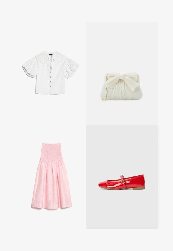 Blouse blanche avec grand col festonné, boutons dorés sur le devant et manches courtes bouffantes volumineuses.; Jupe midi rose clair en tissu texturé, taille haute smockée et ourlet évasé froncé.; Des ballerines en cuir verni rouge avec un bout carré, une petite bride à boucle sur le coup de pied et une semelle en caoutchouc plate.; Sac à main plissé blanc avec un nœud proéminent et une chaîne dorée. Texture douce avec un design froncé à l'avant.
