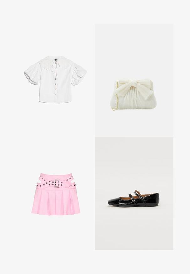 Blouse blanche avec grand col festonné, boutons dorés sur le devant et manches courtes bouffantes volumineuses.; Mini-jupe plissée rose avec large ceinture double couche, boucle argentée et plusieurs œillets pour fixation et décoration.; Ballerine plate en cuir verni noir avec un bout pointu, deux brides ajustables avec boucles, et une semelle plate. Texture lisse avec une finition brillante.; Sac à main plissé blanc avec un nœud proéminent et une chaîne dorée. Texture douce avec un design froncé à l'avant.