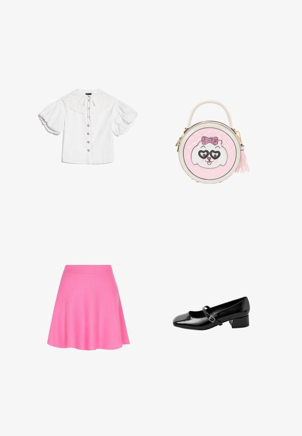 Witte blouse met grote geschulpte kraag, goudkleurige knopen aan de voorkant en volumineuze korte pofmouwen.; Roze gebreide rok met een aansluitende tailleband en een uitlopende vorm, gemaakt van zachte stof die een soepele textuur toevoegt.; Zwarte gepatineerde leren Mary Jane-schoen met een ronde neus, lage blokhak en een dunne verstelbare band met een zilveren gesp.; Ronde roze handtas met een wit en roze hondengezicht met glinsterstrik en hartvormige bril, een bovenhandvat en een zijkant tassel ritsluiting.