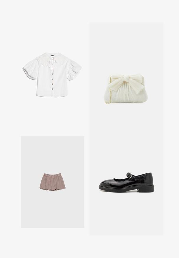 Blouse blanche avec grand col festonné, boutons dorés sur le devant et manches courtes bouffantes volumineuses.; Jupe froncée à taille élastique à carreaux rouges et blancs avec une silhouette courte et évasée sur un fond uni gris clair.; Chaussure Mary Jane en cuir verni noir avec bout rond, bride à boucle ajustable, faible talon bloc et finition lisse et brillante.; Sac à main plissé blanc avec un nœud proéminent et une chaîne dorée. Texture douce avec un design froncé à l'avant.