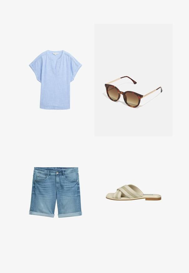 Lys blå kortærmet skjorte i et åndbart stof, med v-halsudskæring og en subtil tekstureret mønster over hele. ; Denimshorts i lyseblå med en falmet finish, udstyret med opsmøgede kanter, fem lomme-design og metalknaplukning i taljen.; Beige slip-on sandal med krydsede teksturerede remme; flad sål med lysebrune accenter; minimalistisk design uden udsmykninger.; Skildpaddemønstret solbriller med gradient brune linser, rund facon og guldfarvede metal detaljer på stængerne.