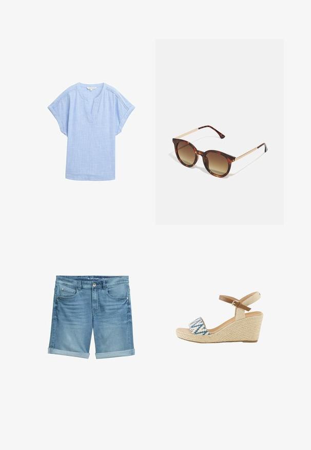Lys blå kortærmet skjorte i et åndbart stof, med v-halsudskæring og en subtil tekstureret mønster over hele. ; Denimshorts i lyseblå med en falmet finish, udstyret med opsmøgede kanter, fem lomme-design og metalknaplukning i taljen.; Kileespadrillesandal med beige flet hæl, blå og hvid mønstret frontrem og tan ankelrem med spænde.; Skildpaddemønstret solbriller med gradient brune linser, rund facon og guldfarvede metal detaljer på stængerne.