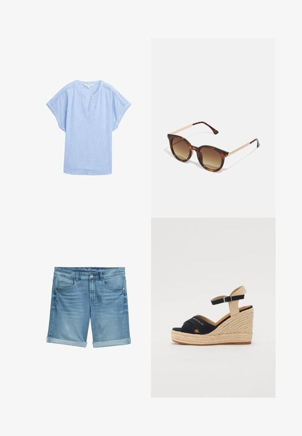 Hellblauses, kurzärmeliges Hemd aus einem atmungsaktiven Stoff, mit einem V-Ausschnitt und einem dezenten, strukturierten Muster.; Jeansshorts in Hellblau mit einem verblassten Finish, featuring aufgerollten Säumen, Fünf-Taschen-Design und Metallknopfverschluss an der Taille.; Marinefarbene Keil-Sandalen mit einer gewebten Jutplattform, verstellbarem Knöchelriemen und Obermaterial aus Baumwolle. Mit abgerundetem Zeh und goldfarbenem Logo-Detail.; Schildpatt-Sonnenbrille mit braunen Verlaufslinsen, runder Form und goldfarbenen Metallakzenten an den Bügeln.