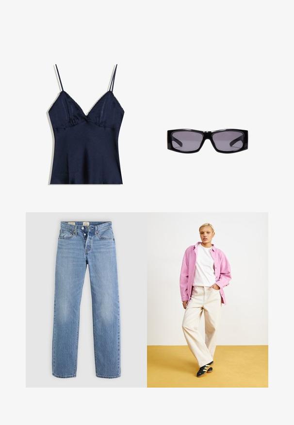 Marineblå satin top med tynde justerbare stropper, V-udskæring og diskret blondekant langs brystkanten.; Lysblå denimjeans med lige ben-design, metalknaplukning, forlommer og diskrete falmenotater over det hele.; Lyserød fløjls skjorte over en hvid t-shirt, parret med beige brede bukser og sorte sko med gule striber. Sat mod en gul baggrund.; Sorte rektangulære solbriller med mørkt tonede linser og glansfuld plastindfatning, vist centreret på en hvid baggrund.