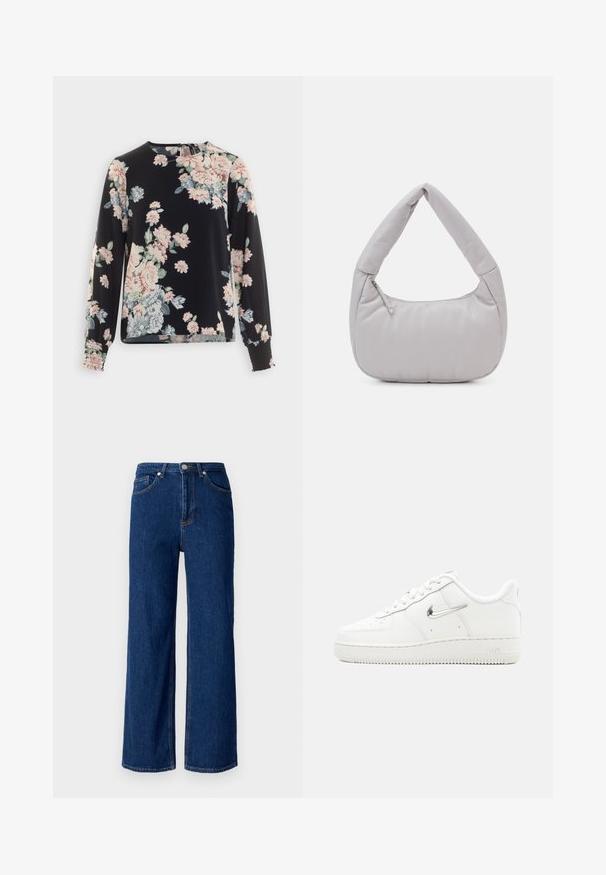 Vero Moda VMTALLY O NECK - Blúzka - night sky; Široké denimové džínsy v tmavomodrej farbe, s klasickým piatym vreckom, jemným prešívaním a kovovým gombíkom na zapínaní v páse.; Biela teniska Nike Air Force 1 s metalicko-strieborným logom Swoosh, šnurovaním vpredu, perforovanou špičkou a textúrovanou gumovou podrážkou.; Svetlošedá hobo taška má mäkkú, vystlanú štruktúru, zakrivenú rúčku a zipsový priečinok, čím vytvára elegantný, minimalistický dizajn.