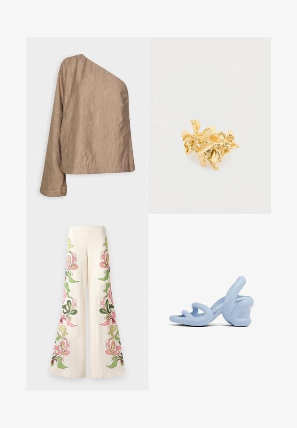 Stylein MASSA - Blouse - nougat; Uitlopende broeken van crème stof met kleurrijke bloemenpatronen in roze en groen langs de zijkanten. Soepele textuur, wijde pijpen.; Lichtblauwe haksandalen, gemaakt van glad rubber, met een sculpturaal ontwerp van golvende banden en een stevige hak.; Gouden bloemring met gedetailleerde bloesems en bladeren in een textuurafwerking, met een organische vorm en een verfijnd ontwerp.