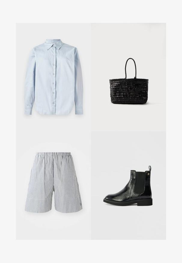Chemise à manches longues bleu clair, fabriquée en tissu lisse. Elle présente un col classique, des boutons à l'avant et un ourlet arrondi.; Shorts rayés en coton bleu marine et blanc, dotés d'une taille élastique et d'une coupe décontractée. Longueur mi-cuisse avec des détails de couture subtils.; Bottines Chelsea en cuir noir avec finition brillante, panneaux latéraux élastiques et languette. Semelle plate et bout arrondi. Design minimaliste avec détail de logo doré.; Sac fourre-tout en cuir tressé noir avec deux poignées arrondies, debout sur un fond blanc uni.