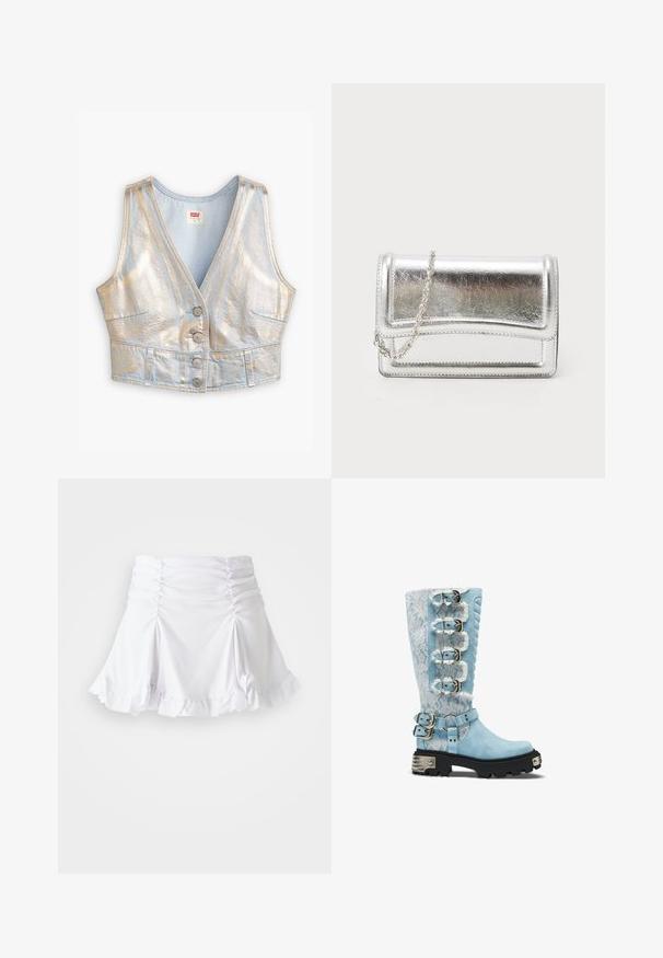 Light blue denim cropped vest with a V-neck, metallic sheen, five-button closure, and two front pockets; overall smooth texture.; White skirt made of textured fabric with ruched detailing and ruffled hem. Features a flared design with a fitted waist.; Tall light blue boot with white lace overlay, four side buckles, two ankle straps, quilted panel, and chunky black sole with silver accents.; Silver metallic clutch bag with a smooth texture, flap closure, and a chain strap. Features a structured rectangular design and stitched accents.