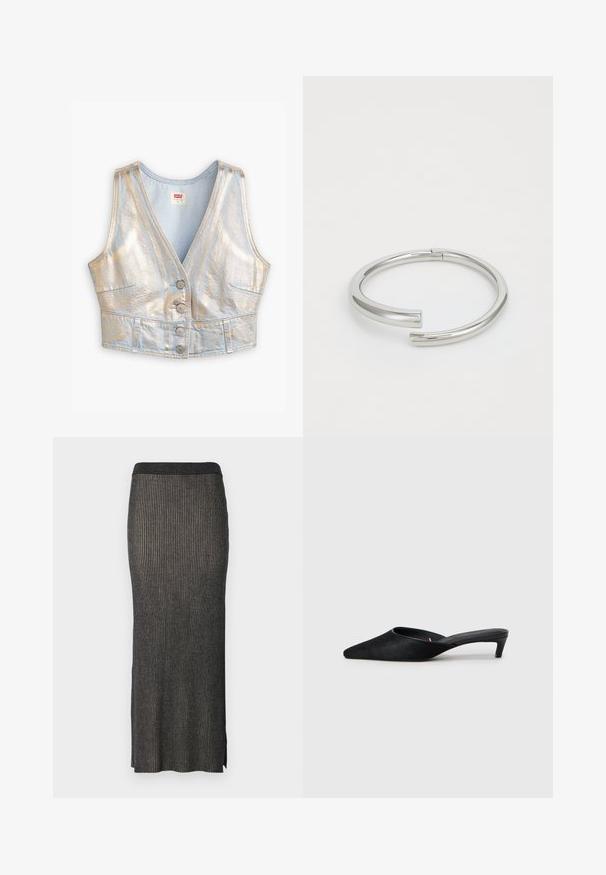 Lys blå denim cropped vest med V-hals, metallisk glans, fem-knap lukning og to frontlommer; generelt glat tekstur.; Strikket midi-nederdel i mørkegrå med lodret ribbing, en tætsiddende silhuet og slidser i kanten for nem bevægelse. Blødt, tekstureret stof.; Sorte suedeslippers med spids tå og lav hæl. Har en glat tekstur og åben ryg for nem påklædning. Simpelt design uden mønstre.; Calvin Klein SPIRAL - Armbånd - silver-coloured