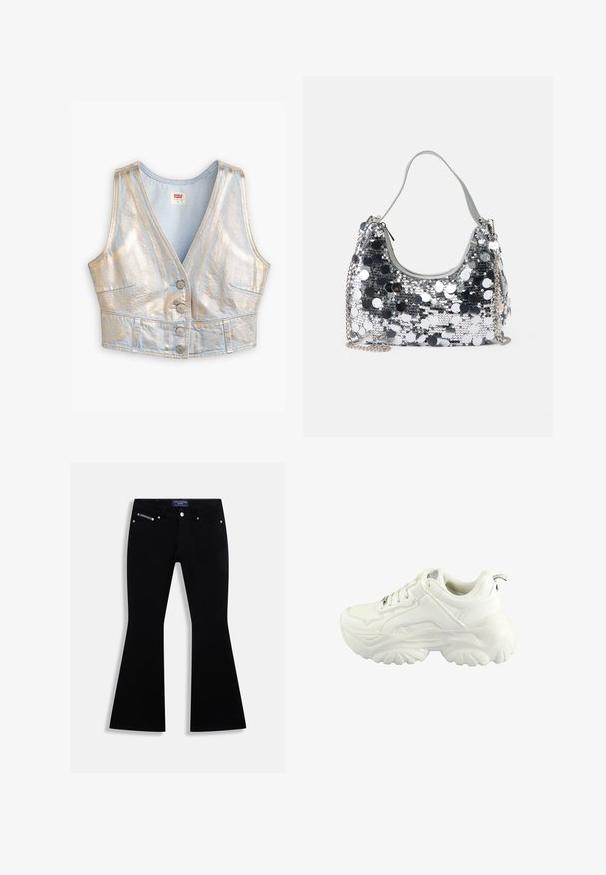 Gilet en denim bleu clair, court, avec un col en V, une brillance métallique, une fermeture à cinq boutons et deux poches avant ; texture globale lisse.; Jean noir évasé avec conception à cinq poches, bouton et rivets argentés, et une étiquette Juicy Couture sur la ceinture et la poche monnaie.; Baskets blanches avec un design chunky, une tige en synthétique lisse, un col rembourré et une semelle en caoutchouc texturé avec un motif en losange.; Sac à main en sequins argentés de forme ronde, avec une poignée douce et une bandoulière en chaîne argentée. Il dispose d'une fermeture à glissière et de détails réfléchissants.