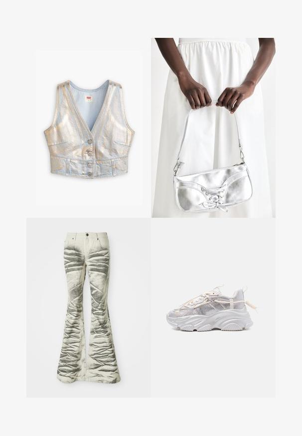 Lys blå denim cropped vest med V-hals, metallisk glans, fem-knap lukning og to frontlommer; generelt glat tekstur.; Lysfarvede flared jeans med teksturerede sorte vandrette striber og krøllede detaljer, der har forlommer og metalknaplukning.; Kraftig hvid sneaker med meshpaneler, tyk tekstureret sål, elastiske snørebånd med løkker og en træktab ved hælen vist i sideprofil.; Sølvmetallic håndtaske med snøredetaljer, der har et slankt design og en kort strop. Tasken holdes i hænderne for at fremvise dens tekstur.