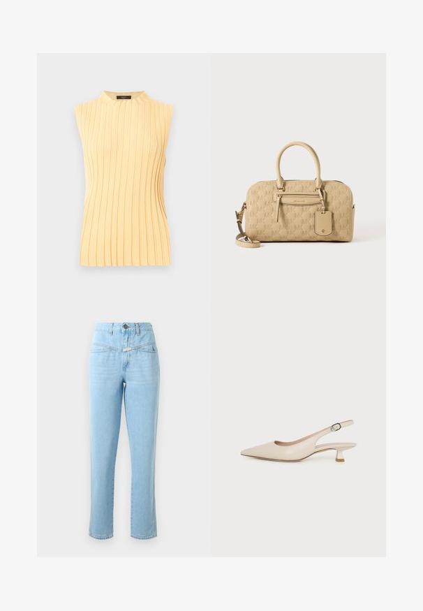 Mouwloos lichtgeel geribbeld gebreid topje met een hoge ronde halslijn en verticale, geribbelde strepen.; Hoge taille lichtblauwe denim jeans met voorzakken, knoop- en ritssluiting en rechte pijpen.; Beige slingback-schoen met een spits toelopende neus, lage kittenhak en verstelbare zijgesp op een effen witte achtergrond.; Beige Michael Kors handtas met geperst MK-patroon, dubbele handvatten, voorvak met rits en afneembare schouderband op een witte achtergrond.