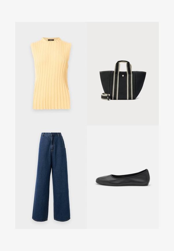 Haut sans manches jaune pâle en maille côtelée avec un col rond haut et des rayures texturées verticales.; Jean taille haute à jambes larges en denim bleu foncé avec fermeture à bouton et à zip à l'avant, passants de ceinture et poches latérales.; Ballerines en cuir noir avec un bout rond, texture lisse, détails de couture minimalistes et design de semelle flexible.; Sac fourre-tout noir avec anses larges à rayures crème et bandoulière détachable, fermeture à bouton pression argenté, forme rectangulaire structurée.