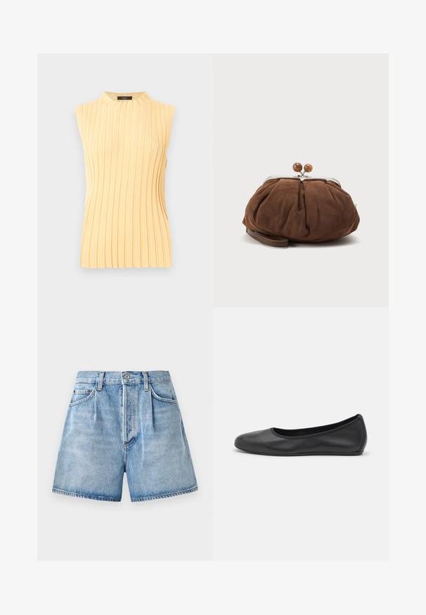 Ärmelloses, hellgelbes, geripptes Stricktop mit hohem Rundhalsausschnitt und vertikalen, strukturierten Streifen.; Helle blaue Jeansshorts mit hoher Taille, ausgestattet mit einem Knopf- und Reißverschluss, vorderen Taschen und einem rohen Saum.; Schwarze Leder-Ballettschuhe mit abgerundeter Spitze, glatter Textur, minimalen Nähdetails und einem flexiblen Sohlen-Design.; Weiche braune Wildleder-Handgelenktasche mit silbernem Metallrahmen und runden braunen Verschlusskugeln auf schlichtem hellem Hintergrund.