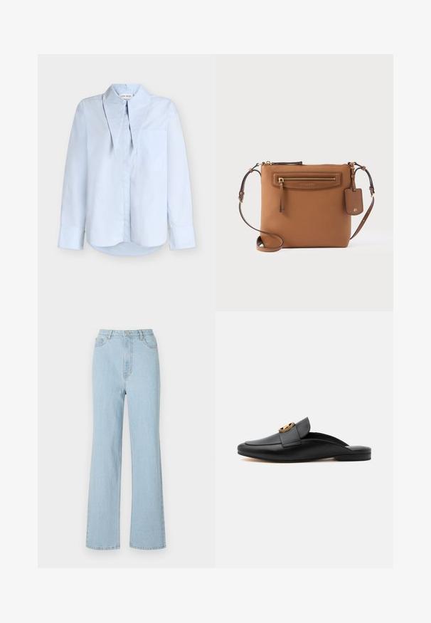 Lyseblå skjorte med knapper, mandarin-krave, enkelt brystlomme, lange ærmer og en let afrundet kant. Glat stoftekstur.; Lysblå denimbukser med høj talje, afslappet pasform, brede ben og klassisk fem-lomme design. Har en metalknap og lynlås lukning.; Sort læder slip-on loafer med flad hæl og guldfarvet cirkulær spænde på den øverste rem, vist i profil mod hvid baggrund.; Brun læder crossbody-taske med lynlåslomme foran, justerbar rem og hængende logo-tag på hvid baggrund.