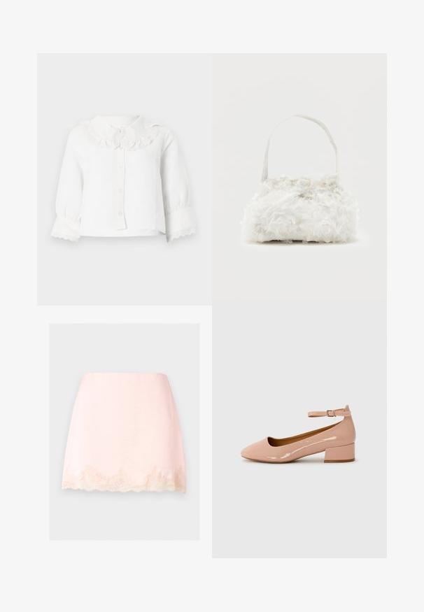 Blusa blanca de bebé de manga larga con cuello y puños de encaje con borde en forma de ondas, cierre frontal con botones y mangas ligeramente fruncidas.; Minifalda rosa claro con ribete de encaje con borde festoneado en el dobladillo, tela lisa y diseño limpio y sencillo sobre un fondo liso.; Zapatilla plana de charol rosa con punta redondeada, tira al tobillo y tacón bajo. Textura suave y diseño minimalista.; Pequeño bolso blanco con rosas de tela que cubren su cuerpo y una delgada correa única como asa, sobre un fondo liso.