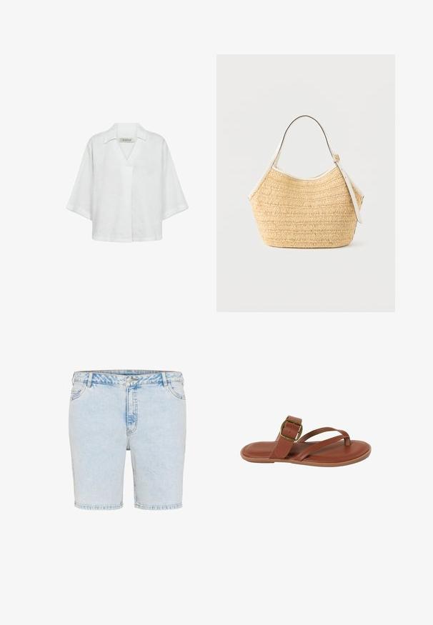 Witte linnen blouse met korte mouwen, voorzien van een kraag en een losse, comfortabele pasvorm. Effen structuur zonder patronen of accenten.; Lichtblauwe denim shorts met een rechte snit, vijf zakken en zichtbare stiksels. Voorzien van een knoop- en ritssluiting.; Bruine platte sandaal met dunne bandjes en een gouden gesp op een witte achtergrond, zijaanzicht.; Beige geweven strohandtas met witte leren afwerking en verstelbare schouderriem, tentoongesteld tegen een effen lichte achtergrond.