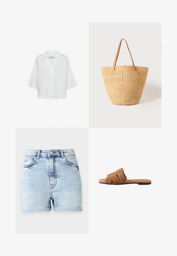 Hvid hørbluse med korte ærmer, der har en krave og en løs, afslappet pasform. Ensfarvet tekstur uden mønstre eller detaljer.; Lyseblå denimshorts med høj talje, fem lommer og opkrogede kanter. Har diskret falmet effekt og kobberfarvet hardware.; Brun ruskinds flad slip-sandal med tre hvid-syede stropper over foden og en sort sål.; Beige vævet stråtaske med to lysebrune læderhåndtag og et diskret broderet monogram i midten foran.