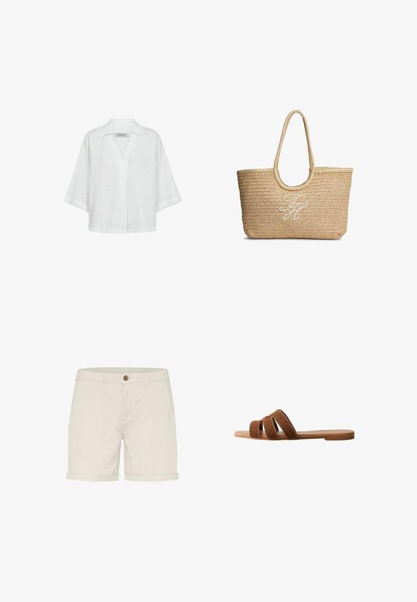 Weiße Leinenbluse mit kurzen Ärmeln, einem Kragen und einer lockeren, entspannten Passform. Schlichte Textur ohne Muster oder Akzente.; Helle beige Baumwollshorts mit Knopfverschluss, umgeschlagenen Säumen und Seitentaschen. Glatte Textur und maßgeschneiderte Passform für Komfort.; Braune Wildleder-Sandale mit drei überlappenden Riemen, einer flachen Sohle und kontrastierenden weißen Nähten auf den Riemen als Detail.; Geflochtener beiger Strohtasche mit abgerundeten Griffen und weißen, gestickten initialen in Schreibschrift auf der vorderen Mitte.