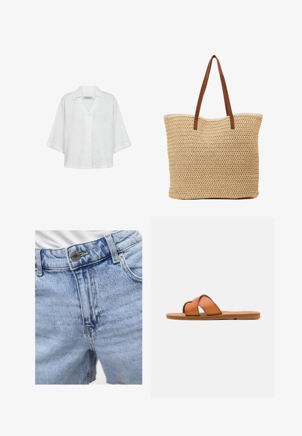 Hvid hørbluse med korte ærmer, der har en krave og en løs, afslappet pasform. Ensfarvet tekstur uden mønstre eller detaljer.; Lyseblå denim shorts med høj talje, synlig syning, to forlommer og metalknaplukning. Glat tekstur.; Brune læder slide sandal med krydsede stropper, flad sål, glat overflade og minimalisk design til afslappet brug.; Vævet stråtaske i cylindrisk form, med en lys beige farve, struktureret overflade og brune kunstlæderremme.