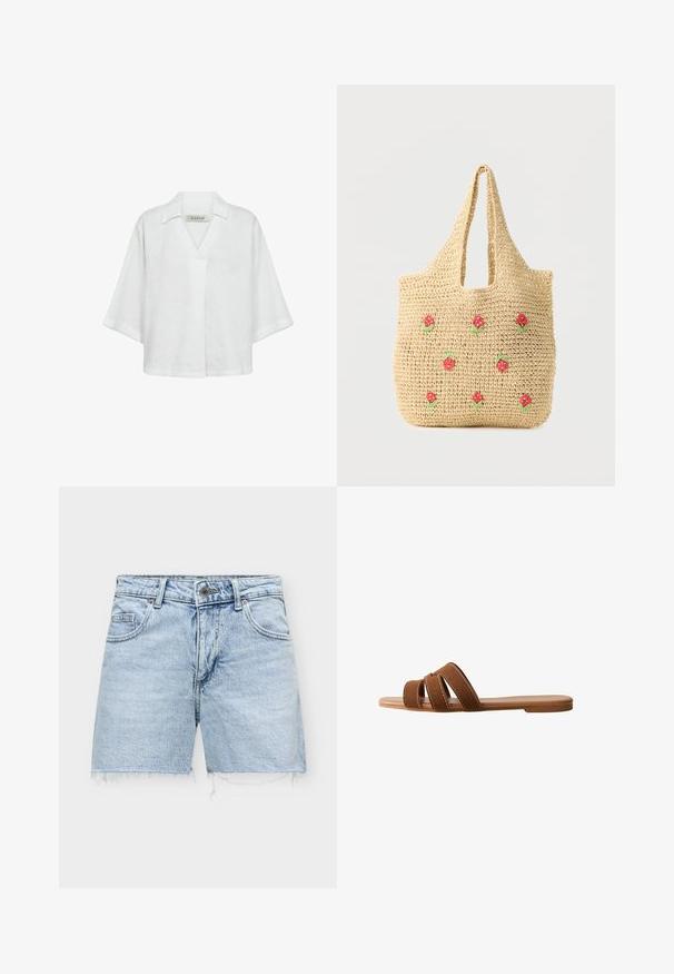 Witte linnen blouse met korte mouwen, voorzien van een kraag en een losse, comfortabele pasvorm. Effen structuur zonder patronen of accenten.; Lichtblauwe denimshorts met gerafelde zomen, knoop aan de voorkant, ritssluiting en voor- en achterzakken.; Bruine suède slippersandaal met drie overlappende bandjes, een platte zool en contrasterende witte stiksels op de bandjes voor detail.; Beige geweven draagtas met korte handvaten, versierd met kleine rode en groene geborduurde bloemen die over de voorkant verspreid zijn.