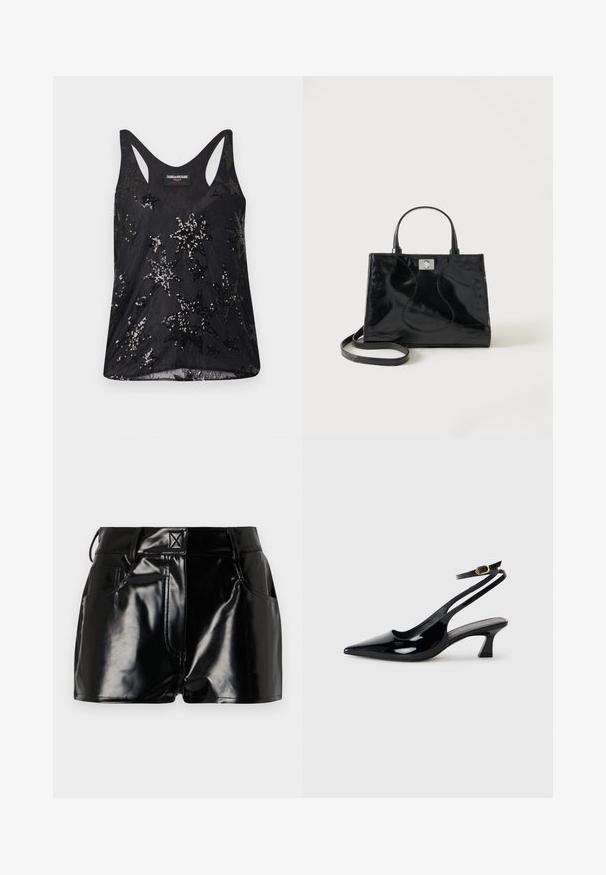 Débardeur noir en tissu doux, orné d'un motif d'étoiles en sequins, avec un col rond plongeant et des bretelles larges.; Shorts noirs et brillants en matériau synthétique. Présentent une taille ajustée, des passants de ceinture et des poches avant avec des détails de couture prononcés.; Escarpins à brides arrière en cuir verni noir, à bout pointu, avec un petit talon carré et une sangle de cheville ajustable dotée d'une boucle dorée.; Sac à main en cuir verni noir avec poignées arrondies, bandoulière détachable et fermeture à boucle argentée sur fond blanc uni.