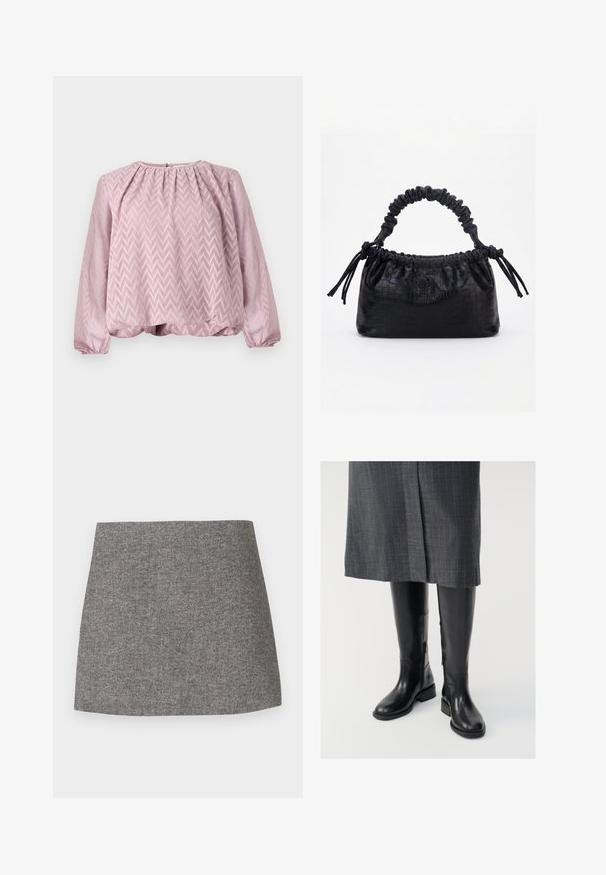 Lys pink langærmet bluse med zigzag mønster, samlet halsudskæring, elastiske manchetter og let flæset kant.; Skørt med sildebensmønster i gråt stof, med en tætsiddende silhuet, glat tekstur og en ren, lige kant.; Knæhøje sorte læderstøvler med en glat tekstur, lynlåse i siden og en flad sål. Støvlerne har et struktureret skaft og minimalt hardware.; Sort taske med krokodilletekstur, rynket øverste kant, samlet hank og snore med kvaster på hver side mod en hvid baggrund.